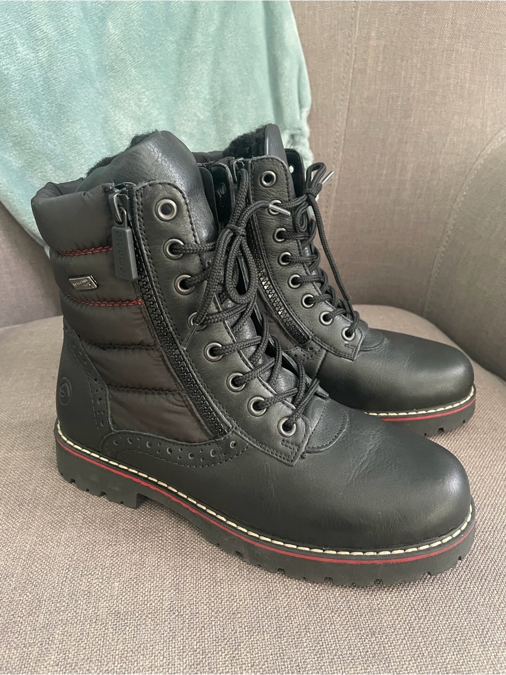 Remonte Black Lace-Up Ankle Boots with Red Trim - New
